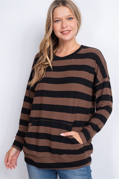 S10-20-4-PPT2683-MC-1 - STRIPES LONG SLEEVE TOP WITH KANGAROO POCKET- MOCHA 0-2-2-2