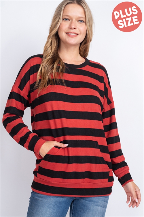 S9-20-5-PPT2683X-BRK-1 - PLUS SIZE STRIPES LONG SLEEVE TOP WITH KANGAROO POCKET- BRICK 1-2-1