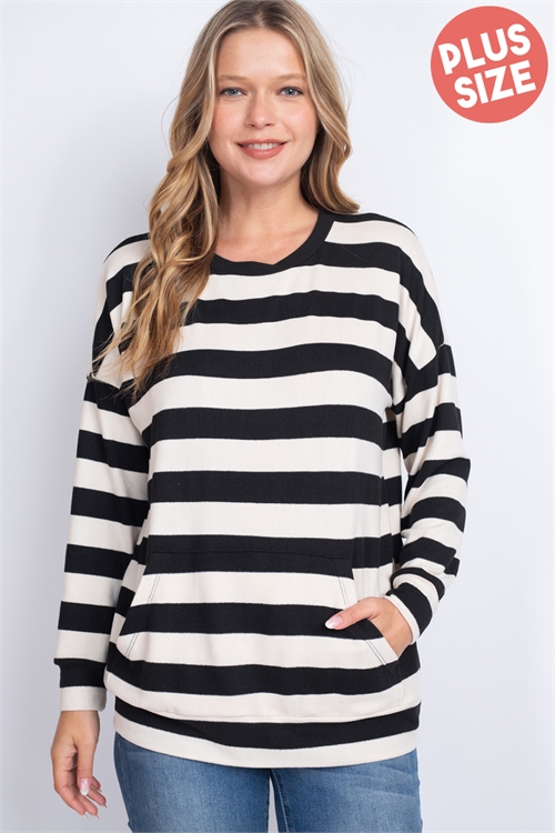 S9-20-5-PPT2683X-CRM-1 - PLUS SIZE STRIPES LONG SLEEVE TOP WITH KANGAROO POCKET- CREAM 2-1-1