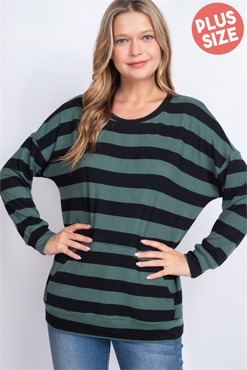 S9-20-5-PPT2683X-FRGN-1 - PLUS SIZE STRIPES LONG SLEEVE TOP WITH KANGAROO POCKET- FOREST GREEN 1-2-1