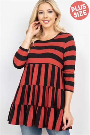 S5-1-3-PPT2684X-BRK - PLU SIZE QUARTER SLEEVE TIERED RUFFLE STRIPES TOP- BRICK 3-2-1