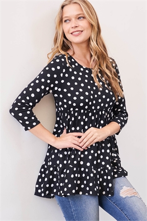 S8-1-2-PPT2686-BK - QUARTER SLEEVE POLKA DOT TIERED TOP- BLACK 1-2-2-2