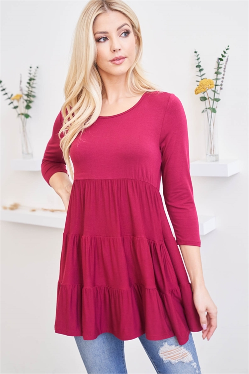 S10-18-3-PPT2687-ABU-1 - QUARTER SLEEVE SOLID TIERED TOP- ASH BURGUNDY 0-2-2-1