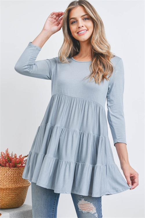 S10-18-5-PPT2687-DSTBL-1 - QUARTER SLEEVE SOLID TIERED TOP- DUSTY BLUE 0-2-2-2