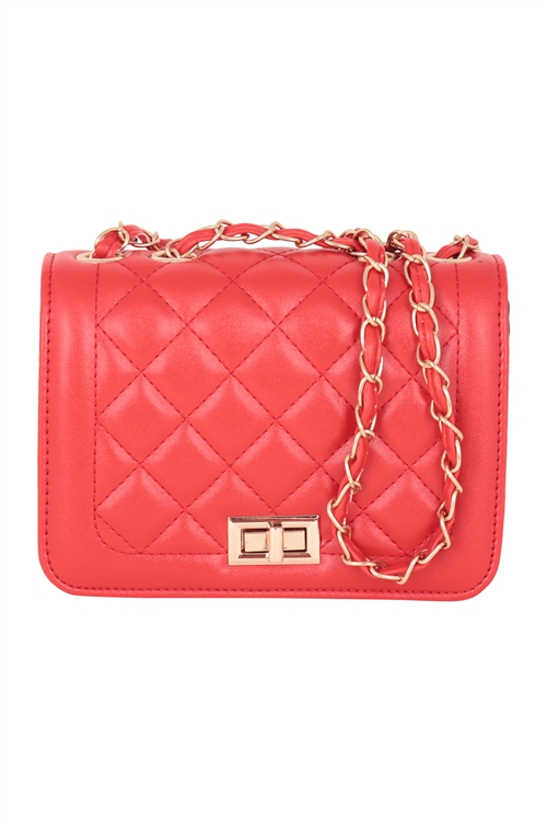 S2-5-2-PQ0032RED - WOMENS QUILTED DIAMOND PATTERN  W/ CONVERTIBLE CHAIN STRAP SLING CLUTCH BAG/3PCS