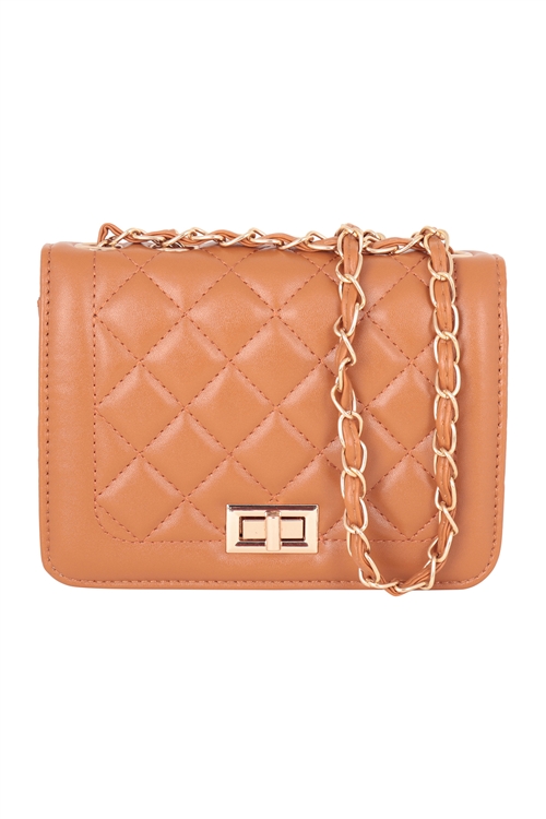 S17-12-2-PQ0032TAN - WOMENS QUILTED DIAMOND PATTERN  W/ CONVERTIBLE CHAIN STRAP SLING CLUTCH BAG/3PCS