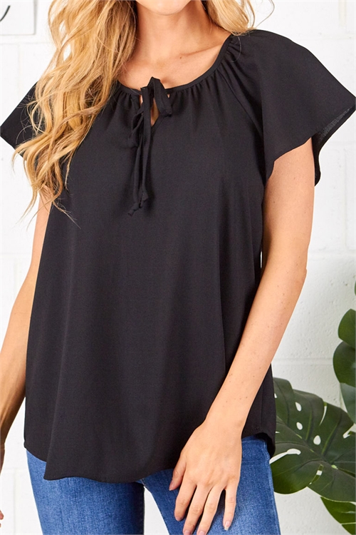 S42-1-1-PS-11450-BK - RIBBON NECKLINE SHORT SLEEVE TOP- BLACK 2-2-2