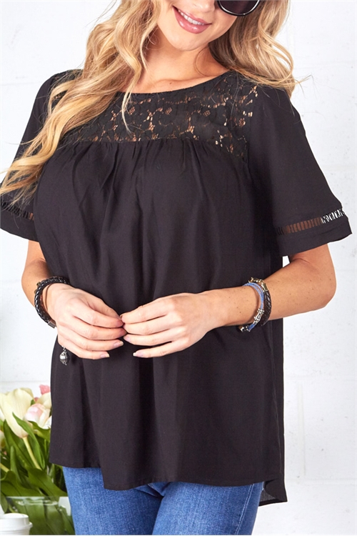 S42-1-1-PS-11519-BK - LACE DETAIL SHORT SLEEVE TOP- BLACK 2-2-2