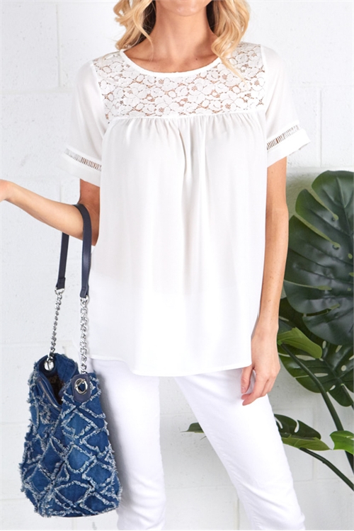 S42-1-1-PS-11519-WT - LACE DETAIL SHORT SLEEVE TOP- WHITE 2-2-2