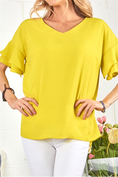 S42-1-1-PS-11560-LM - LAYERED RUFFLE SLEEVE V-NECK SOLID TOP- LIME 2-2-2