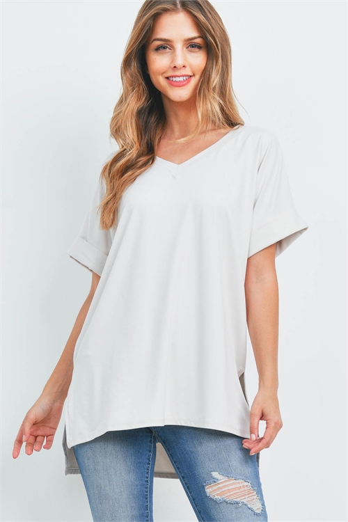 S9-16-1-PT-2456-BN - BRUSHED DTY ROLLED SHORT SLEEVE V-NECK TOP- BONE 1-1-2-2