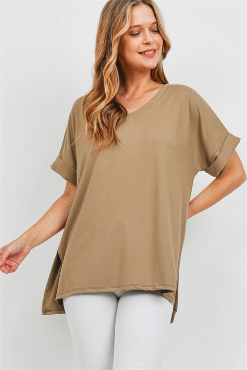 S9-16-1-PT-2456-KHK - BRUSHED DTY ROLLED SHORT SLEEVE V-NECK TOP- KHAKI 1-1-2-2