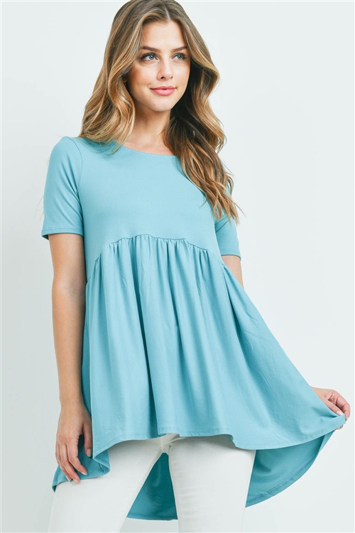 S11-5-4-PT-3211-AMNT - BRUSHED DTY SHORT SLEEVE WITH WAIST SHIRRING TOP- ASH MINT 1-1-2-2