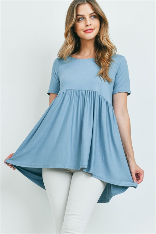 S9-4-4-PT-3211-BLGY - BRUSHED DTY SHORT SLEEVE WITH WAIST SHIRRING TOP- BLUE GREY 1-1-2-2