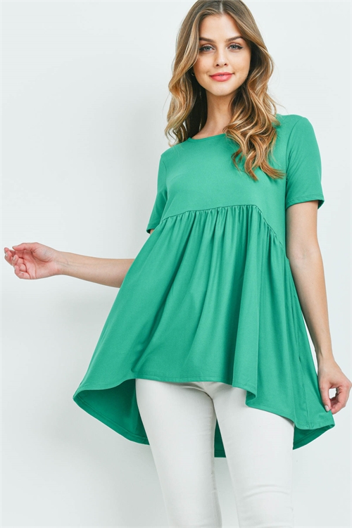 S9-4-4-PT-3211-KG - BRUSHED DTY SHORT SLEEVE WITH WAIST SHIRRING TOP- KELLY GREEN 1-1-2-2