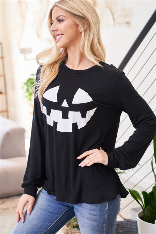 S12-8-3-PTT20001-BK - HALLOWEEN PUMPKIN PRINTED TOP- BLACK 1-2-2-2  (NOW $6.75 ONLY!)