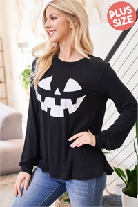 S11-10-2-PTT20001X-BK - PLUS SIZE HALLOWEEN PUMPKIN PRINTED TOP- BLACK 3-2-1 (NOW $7.75 ONLY!)