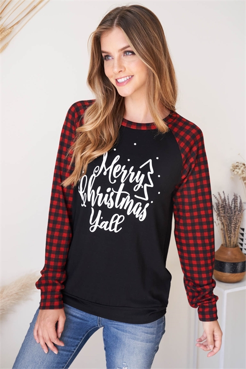 SA3-4-2-PTT20002-BKRDCB - PLAID LONG SLEEVE "MERRY CHRISTMAS" PRINT TOP- BLACK-RED COMBO 1-2-2-2