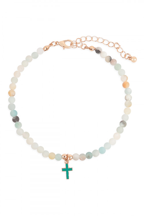 S1-2-1-QAK335GDMI - 4MM NATURAL STONE BEADS W/ CROSS PENDANT ANKLET - GOLD MINT/6PCS