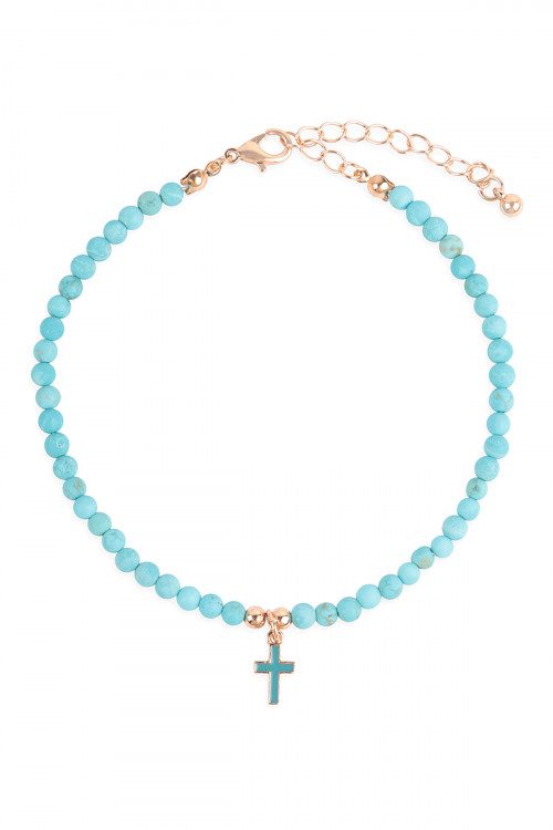 S1-2-1-QAK335GDTQ - 4MM NATURAL STONE BEADS W/ CROSS PENDANT ANKLET - GOLD TURQUOISE/6PCS