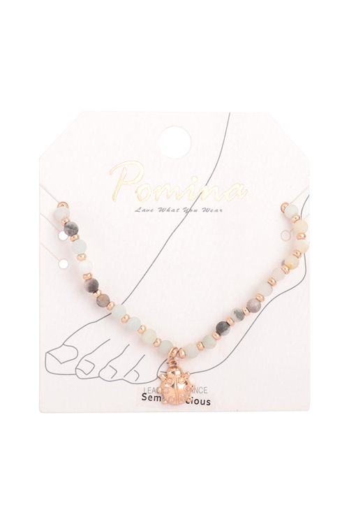 S7-4-2-QAK343WGMI - NATURAL STONE W/ LADY BUG PENDANT CHARM ANKLET - MATTE GOLD AMAZONITE/1PC