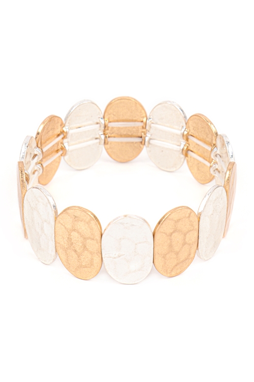 S7-4-4-QB2146WGWS - OVAL PATTERN STRETCH BRACELET - MATTE GOLD MATTE SILVER/6PCS