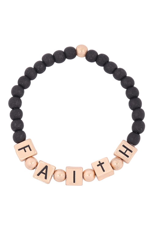 S21-7-1-QB2147WGBK-FAITH METAL BLOCK  NATURAL STONE STRETCH BRACELET-MATTE GOLD BLACK JASPER/1PC