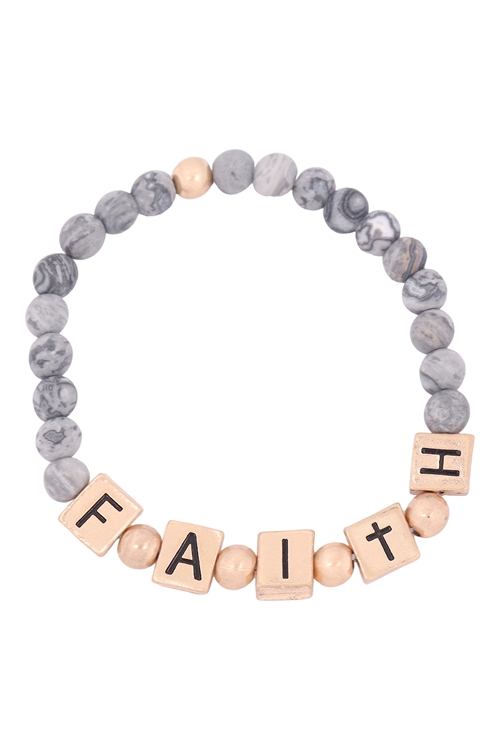 SA3-1-3-QB2147WGCJ-FAITH METAL BLOCK  NATURAL STONE STRETCH BRACELET-MATTE GOLD CRAZY JASPER/1PC