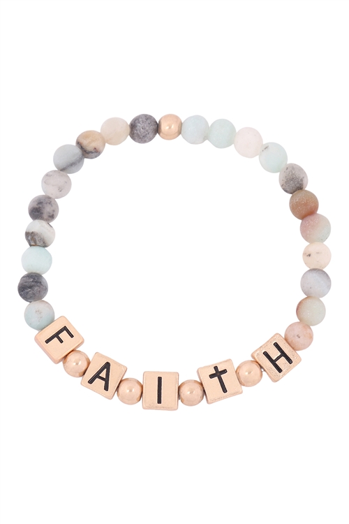 S21-7-1-QB2147WGMI-FAITH METAL BLOCK  NATURAL STONE STRETCH BRACELET-MATTE GOLD AMAZONITE/1PC