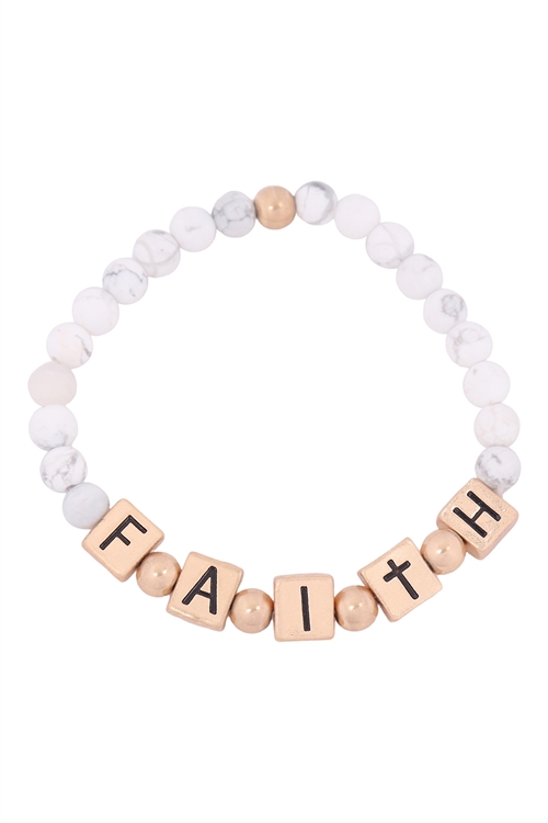 S21-7-1-QB2147WGWH-FAITH METAL BLOCK  NATURAL STONE STRETCH BRACELET-MATTE GOLD HOWLITE/1PC