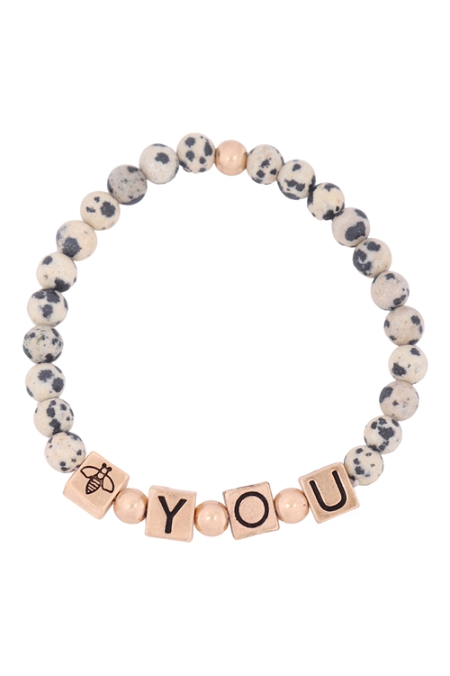 SA3-1-3-QB2148WGDJ-Y.O.U METAL BLOCK NATURAL STONE STRETCH BRACELET-MATTE GOLD DALMATIAN/6PCS