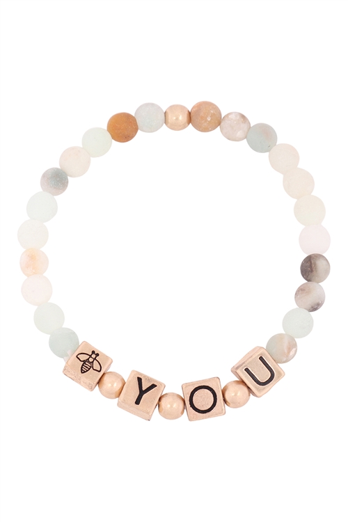 S6-5-4-QB2148WGMI-Y.O.U METAL BLOCK NATURAL STONE STRETCH BRACELET-MATTE GOLD AMAZONITE/6PCS