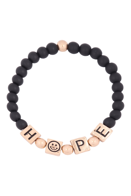 S22-12-2-QB2149WGBK-HOPE METAL BLOCK NATURAL STONE STRETCH BRACELET-MATTE GOLD BLACK JASPER/1PC