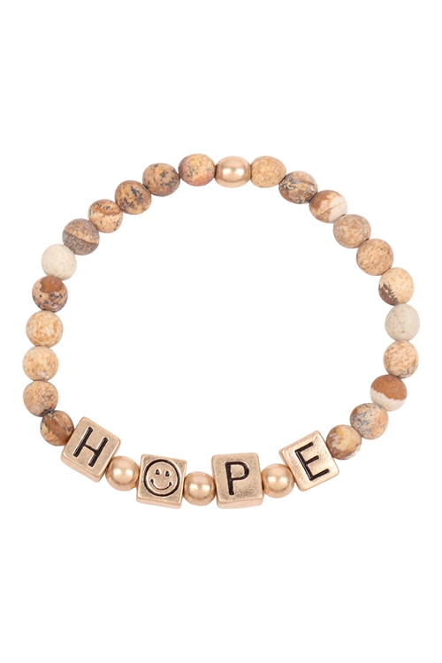 S22-1-4-QB2149WGBR-HOPE METAL BLOCK NATURAL STONE STRETCH BRACELET-MATTE GOLD BROWN JASPER/1PC