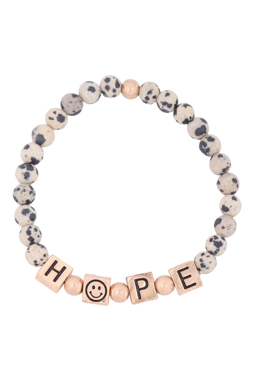 S22-12-2-QB2149WGDJ-HOPE METAL BLOCK NATURAL STONE STRETCH BRACELET-MATTE GOLD DALMATIAN/1PC