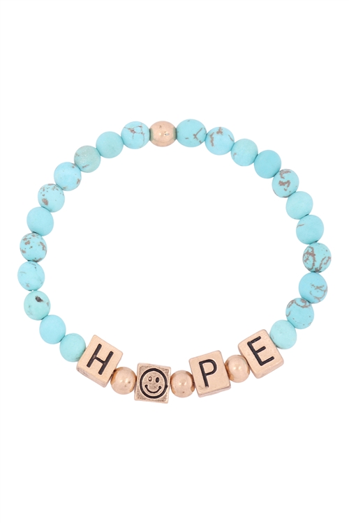 S22-12-2-QB2149WGTQ-HOPE METAL BLOCK NATURAL STONE STRETCH BRACELET-MATTE GOLD TURQUOISE/1PC