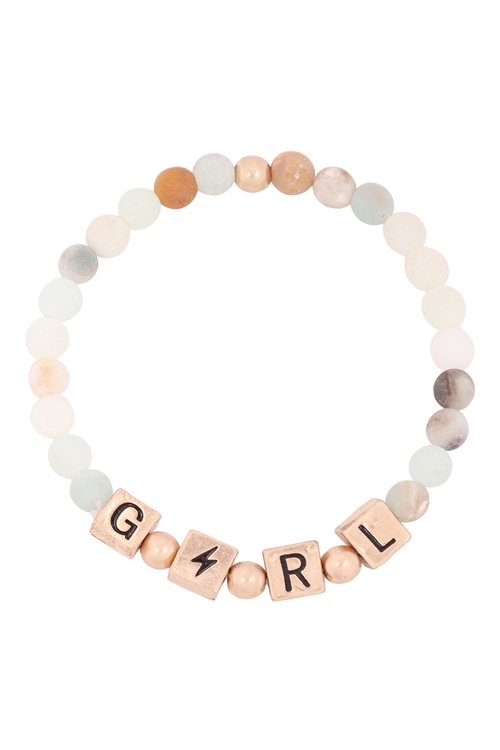 S21-11-2-QB2150WGMI-GIRL METAL BLOCK NATURAL STONE STRETCH BRACELET-MATTE GOLD AMAZONITE/6PCS