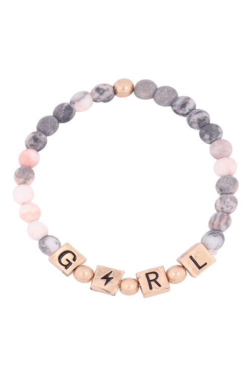 S21-11-2-QB2150WGPZ-GIRL METAL BLOCK NATURAL STONE STRETCH BRACELET-MATTE GOLD PINK ZEBRA/6PCS