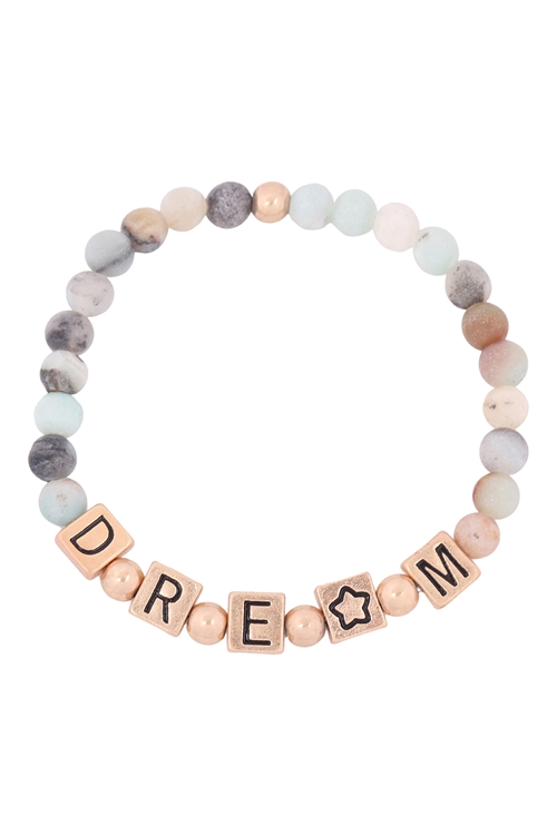 S22-12-3-QB2156WGPZ-DREAM METAL BLOCK NATURAL STONE STRETCH BRACELET-MATTE GOLD PINK ZEBRA/6PCS