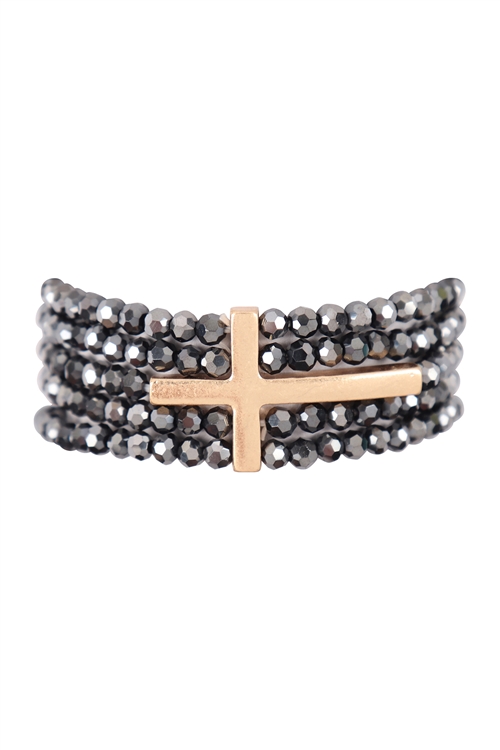 SA3-3-5-QB2173WGBK - STACKABLE CROSS CHARM  BRACELET - MATTE GOLD BLACK/6PCS