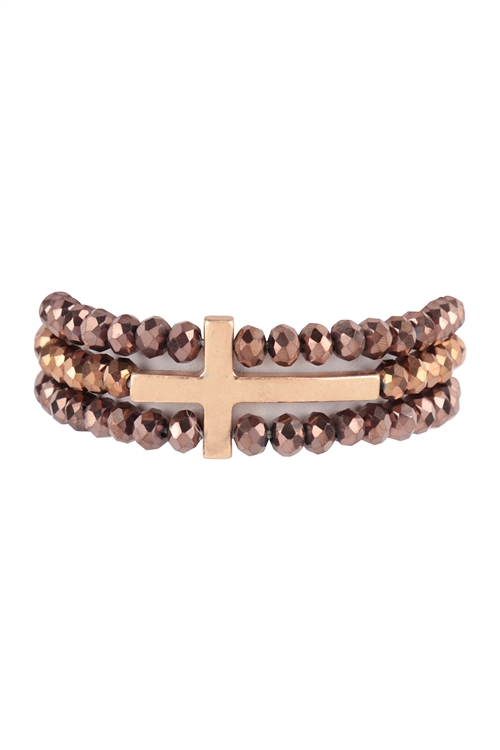 S19-7-3-QB2202WGBR - CROSS W/ 3 ROW GLASS BEADS STRETCH BRACELET - MATTE GOLD BROWN/6PCS