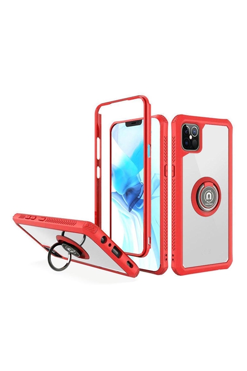 S4-4-2-52905-QBRINGLET-IP126.1-RED - FOR iPHONE 12/PRO (6.1 ONLY) TRANSPARENT MAGNETIC RINGSTAND CASE COVER - RED/6PCS