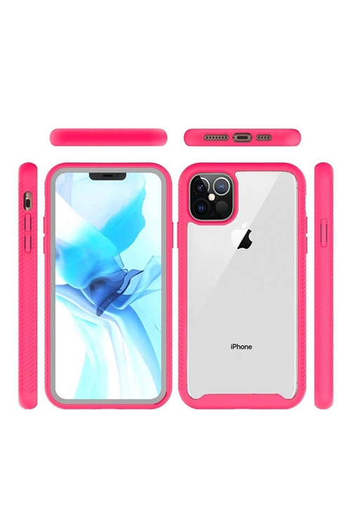SA3-00-5-52979-QBSHBUM-IP126.1-CLRHPNK - FOR iPHONE 12/PRO (6.1 ONLY) STRONG BUMPER SHOCKPROOF TRANSPARENT CASE COVER - CLEAR/HOT PINK/6PCS