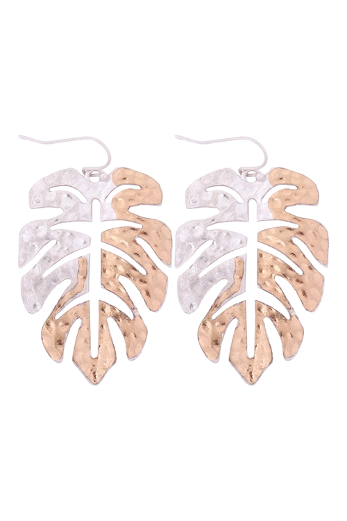 A1-3-3-QE1675WSWG - TWO TONE MONSTERA LEAF DROP HOOK EARRINGS-MATTE SILVER MATTE GOLD/6PCS