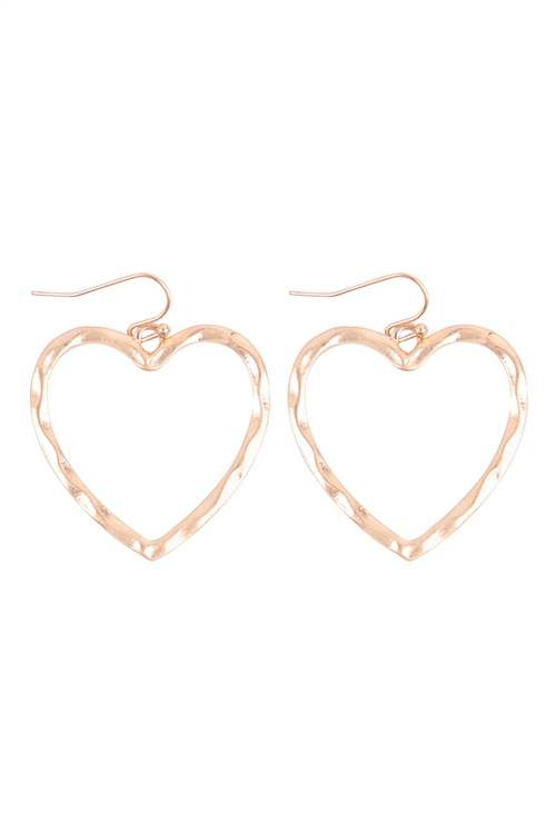 S1-3-4-QE1902WG - OPEN HEART HAMMERED FISH HOOK EARRINGS - MATTE GOLD/6PCS