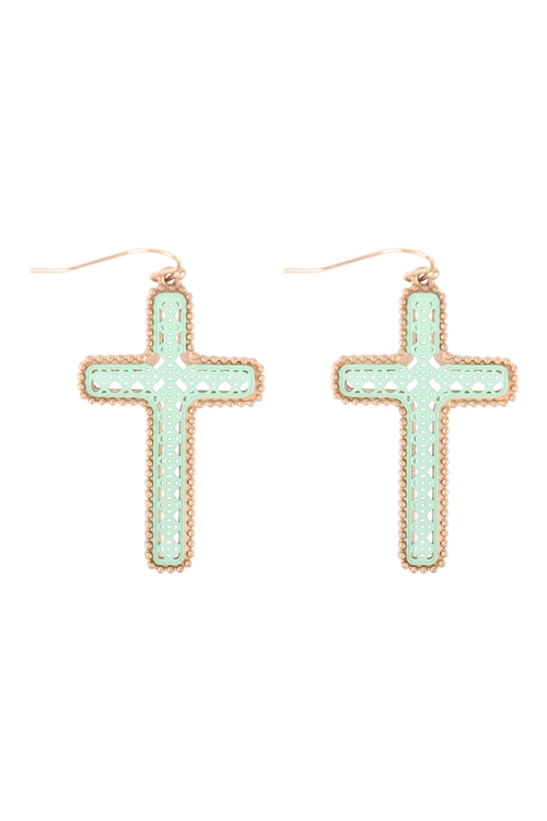 S4-5-2-QE1946WGMI - CROSS FILIGREE TWO TONE DROP HOOK EARRINGS-MATTE GOLD MINT/1PC