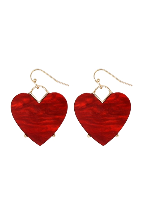 A2-2-4-QE1964GDRD - HEART MARBLE RESIN DANGLE FISH HOOK EARRING - GOLD RED/6PCS