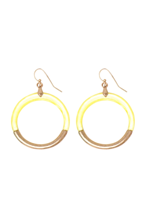 S6-5-1-QE2049WGYL - CAST RESIN COMBO HOOP DANGLE EARRING-YELLOW/1PC (NOW $1.00 ONLY!)