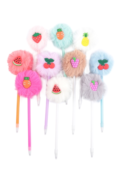 S18-10-3-QE2482 - FLUFFY SOFT POM POM CUTE FRUIT DESIGN PEN - ASSORTED/12PCS