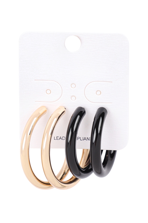 A2-3-4-QEA464GDBLK - 2 PAIR HOOP ROUND BAR EARRINGS W/ COLOR - GOLD BLACK/1PC